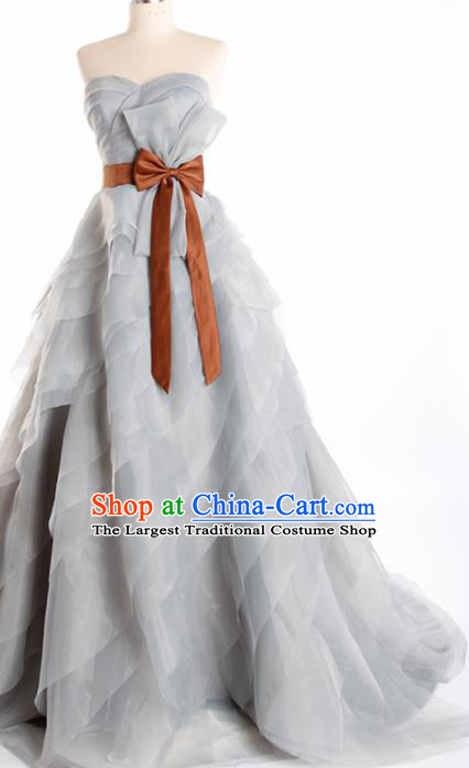 Top Grade Compere Grey Veil Full Dress Princess Trailing Wedding Dress Costume for Women