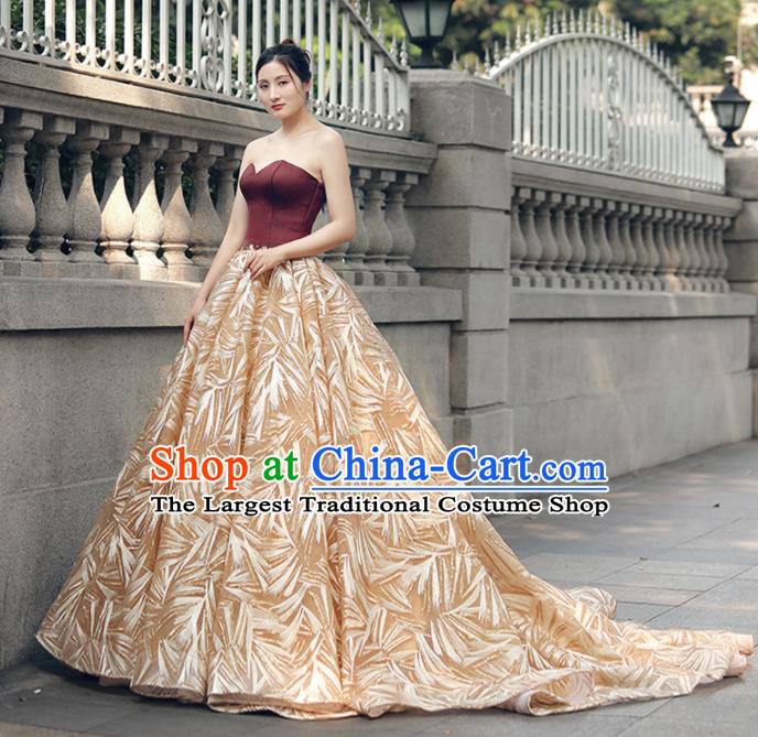 Top Grade Compere Golden Veil Trailing Full Dress Princess Embroidered Wedding Dress Costume for Women