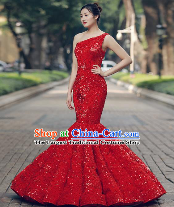 Top Grade Compere Red Veil Fishtail Full Dress Princess Embroidered Wedding Dress Costume for Women