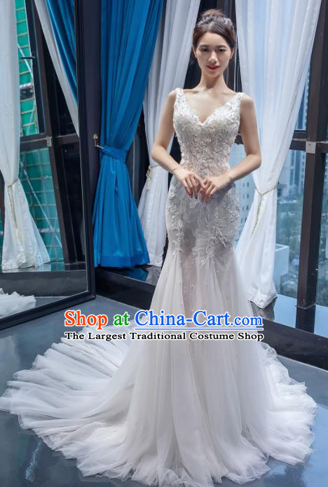 Top Grade Wedding Gown Bride Costume White Veil Trailing Full Dress Princess Dress for Women