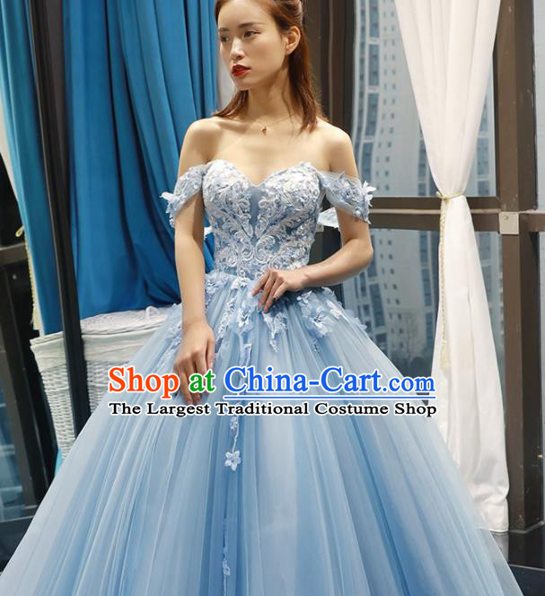 Top Grade Compere Blue Veil Full Dress Princess Trailing Wedding Dress Costume for Women