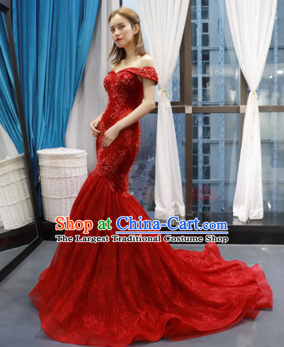 Top Grade Compere Red Trailing Full Dress Princess Fishtail Wedding Dress Costume for Women