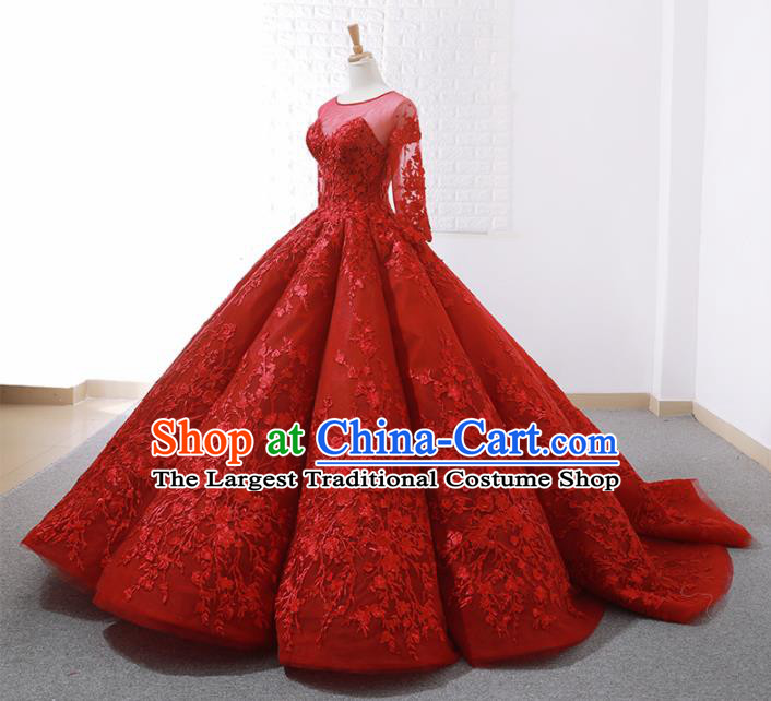 Top Grade Compere Red Bubble Full Dress Princess Embroidered Trailing Wedding Dress Costume for Women