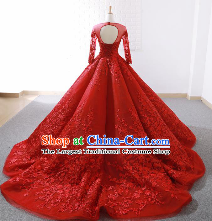 Top Grade Compere Red Bubble Full Dress Princess Embroidered Trailing Wedding Dress Costume for Women