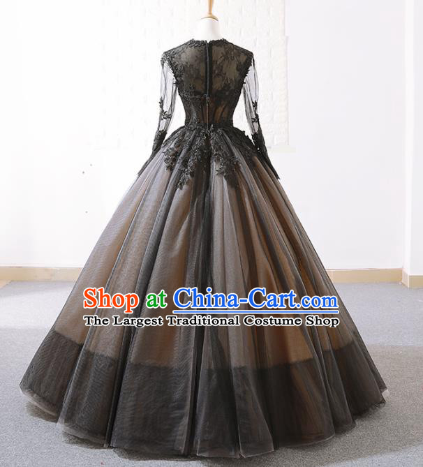 Top Grade Compere Embroidered Black Veil Full Dress Princess Trailing Wedding Dress Costume for Women