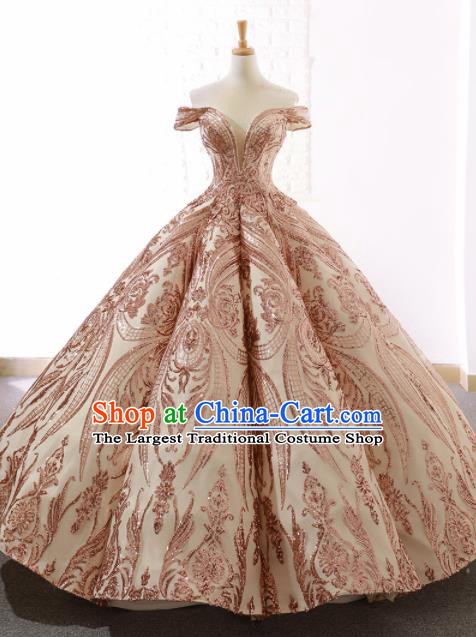 Top Grade Compere Pink Paillette Full Dress Princess Embroidered Bubble Wedding Dress Costume for Women
