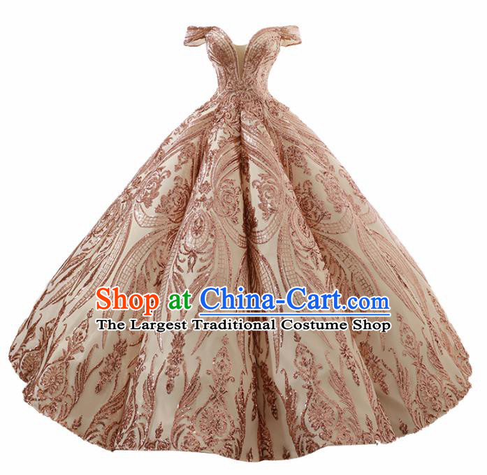 Top Grade Compere Pink Paillette Full Dress Princess Embroidered Bubble Wedding Dress Costume for Women