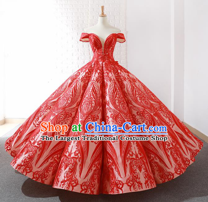 Top Grade Compere Red Paillette Full Dress Princess Embroidered Bubble Wedding Dress Costume for Women