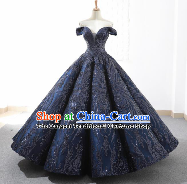 Top Grade Compere Navy Paillette Full Dress Princess Embroidered Bubble Wedding Dress Costume for Women