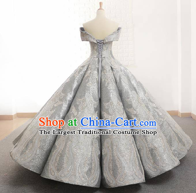 Top Grade Compere Grey Paillette Full Dress Princess Embroidered Bubble Wedding Dress Costume for Women