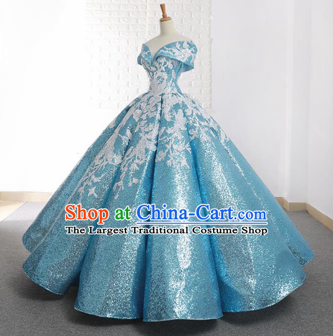 Top Grade Compere Light Blue Paillette Full Dress Princess Embroidered Bubble Wedding Dress Costume for Women