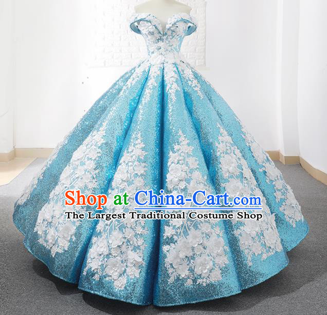 Top Grade Compere Blue Paillette Full Dress Princess Embroidered Bubble Wedding Dress Costume for Women
