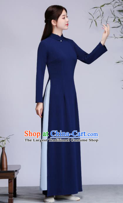 Asian Vietnam Traditional Navy Cheongsam Vietnamese Classical Aodai Qipao Dress for Women