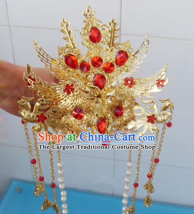 Chinese Traditional Goddess Red Crystal Phoenix Coronet Hairpins Ancient Princess Hair Accessories for Women