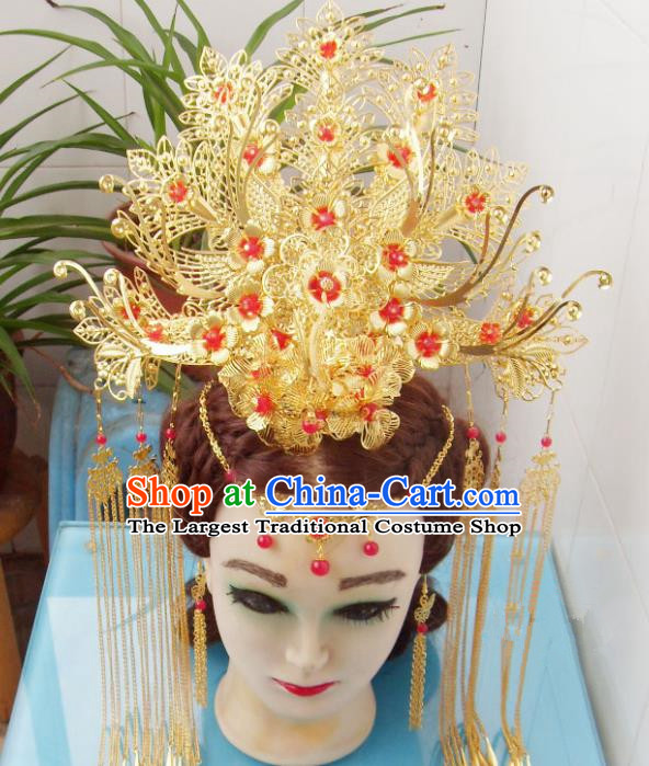 Chinese Traditional Goddess Red Flowers Phoenix Coronet Hairpins Ancient Princess Hair Accessories for Women