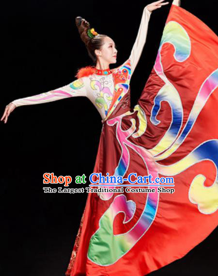 Chinese Traditional Ethnic Folk Dance Red Dress Mongol Nationality Dance Costume for Women