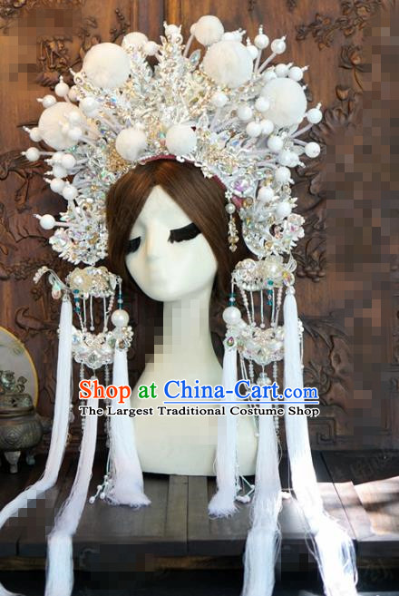Chinese Traditional Handmade Hair Accessories Ancient Queen Luxury White Venonat Phoenix Coronet Headwear for Women