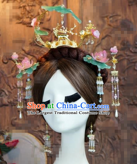 Chinese Traditional Handmade Lotus Leaf Phoenix Coronet Ancient Hairpins Hair Accessories Complete Set for Women