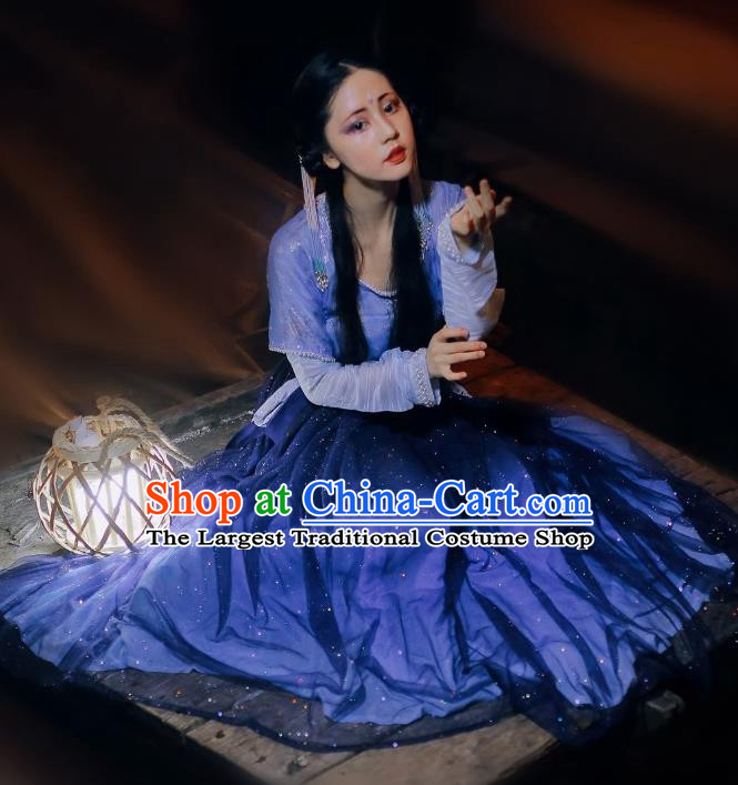 Chinese Traditional Tang Dynasty Court Maid Blue Hanfu Dress Ancient Peri Costume for Women