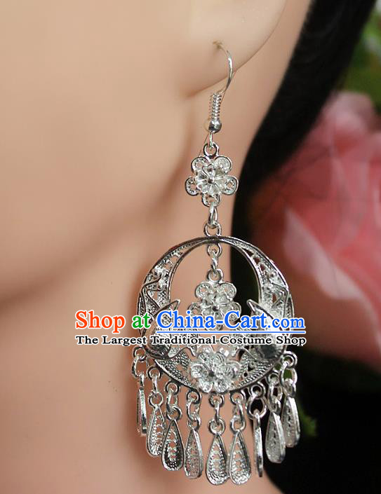 Traditional Chinese Miao Nationality Sliver Ear Accessories Hmong Wedding Tassel Earrings for Women