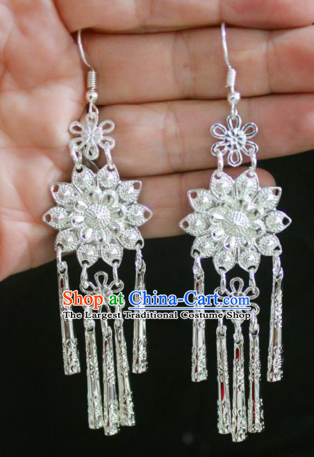 Traditional Chinese Sliver Flower Tassel Ear Accessories Miao Nationality Wedding Earrings for Women