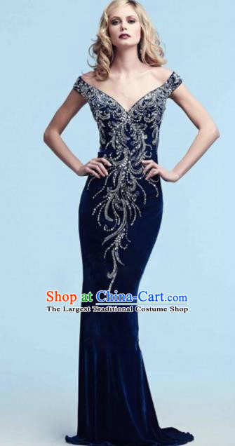 Professional Compere Embroidered Beads Navy Full Dress Modern Dance Princess Wedding Dress for Women