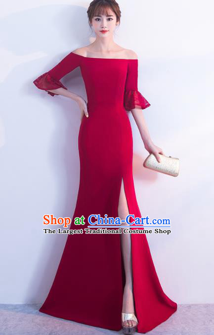 Professional Compere Red Flat Shouders Full Dress Modern Dance Princess Wedding Dress for Women