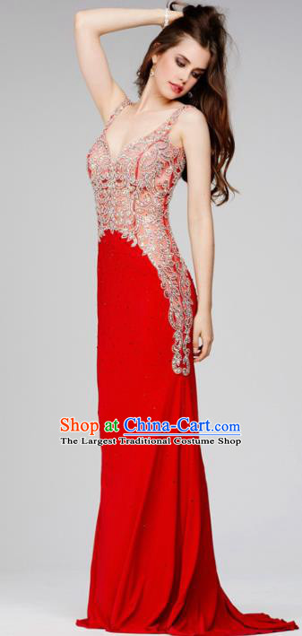 Top Grade Compere Costume Red Satin Full Dress Modern Dance Princess Wedding Dress for Women