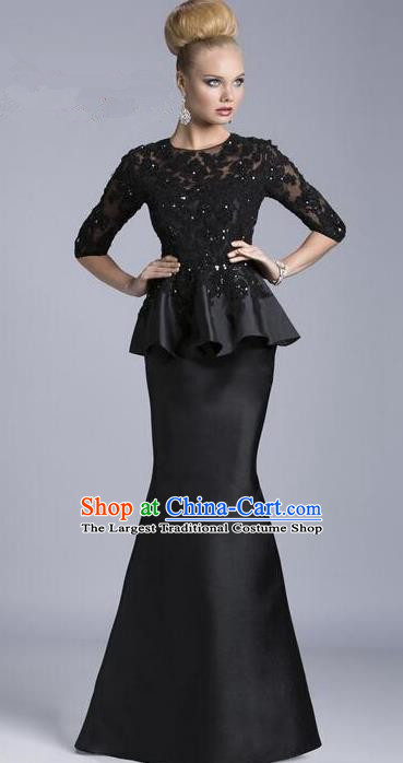 Top Grade Compere Costume Black Satin Lace Full Dress Modern Dance Princess Wedding Dress for Women