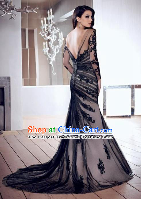 Top Grade Compere Costume Black Veil Full Dress Modern Dance Princess Wedding Dress for Women