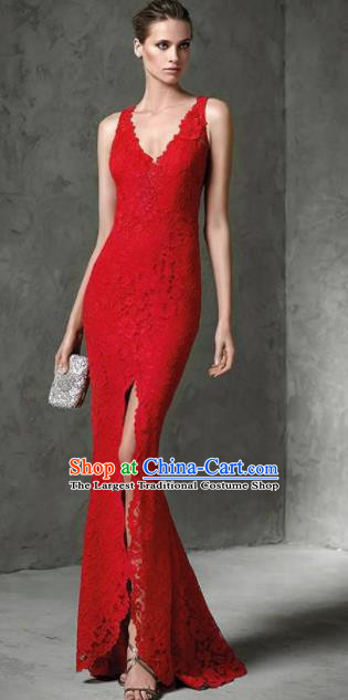 Top Grade Compere Costume Red Lace Full Dress Modern Dance Princess Wedding Dress for Women
