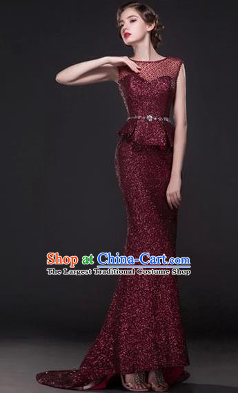 Top Grade Compere Modern Fancywork Costume Wine Red Trailing Full Dress Princess Wedding Dress for Women