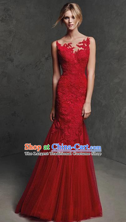 Top Grade Red Lace Full Dress Compere Modern Fancywork Costume Princess Wedding Dress for Women