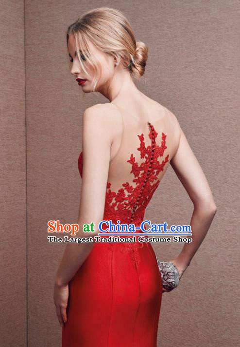 Top Grade Red Satin Full Dress Compere Modern Fancywork Costume Princess Wedding Dress for Women