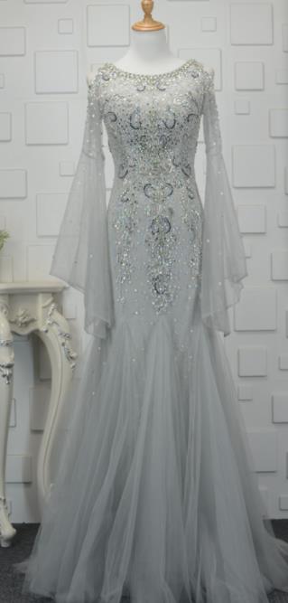 Top Grade Grey Veil Full Dress Compere Modern Fancywork Costume Princess Wedding Dress for Women