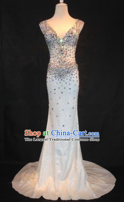 Professional Compere White Diamante Full Dress Modern Dance Princess Wedding Dress for Women