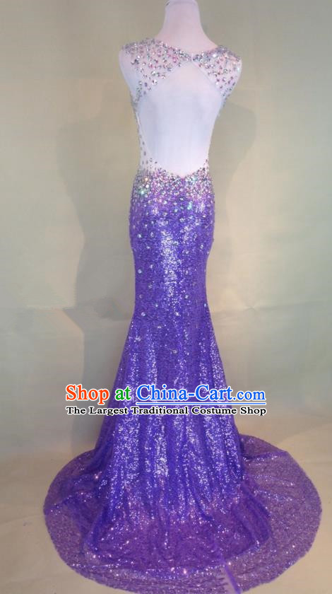 Professional Compere Purple Diamante Full Dress Modern Dance Princess Wedding Dress for Women