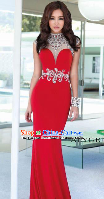 Top Grade Catwalks Red Evening Dress Compere Modern Fancywork Costume for Women