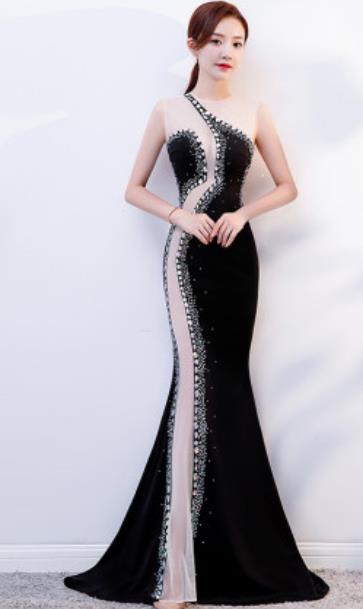 Top Grade Catwalks Black Evening Dress Compere Modern Fancywork Costume for Women