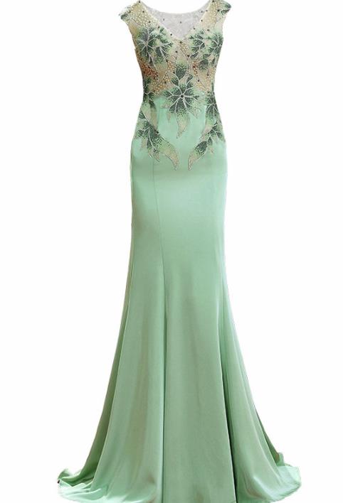 Top Grade Catwalks Green Veil Fishtail Crystal Evening Dress Compere Modern Fancywork Costume for Women