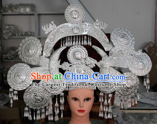 Chinese Traditional Ethnic Princess Wedding Sliver Phoenix Coronet Miao Nationality Bride Hairpins for Women