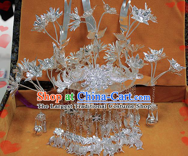 Chinese Traditional Ethnic Miao Nationality Wedding Bride Hairpins Phoenix Coronet for Women