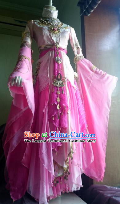 Chinese Traditional Cosplay Peri Princess Costume Ancient Female Knight Swordswoman Pink Dress for Women