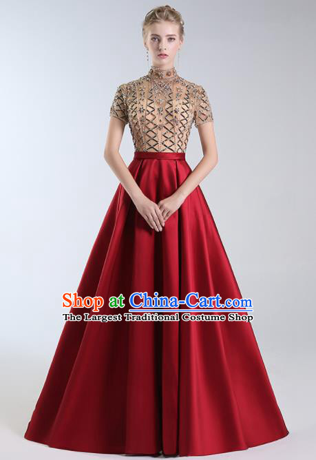 Professional Compere Costume Top Grade Wine Red Full Dress Modern Dance Clothing for Women