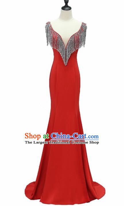 Professional Top Grade Red Full Dress Modern Dance Compere Costume for Women