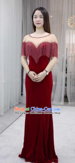 Professional Compere Wine Red Tassel Full Dress Top Grade Modern Dance Costume Princess Wedding Dress for Women