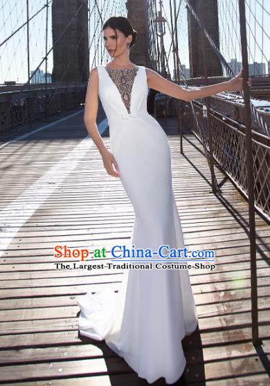 Professional Compere White Fishtail Full Dress Top Grade Modern Dance Costume Princess Wedding Dress for Women
