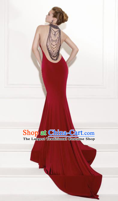 Professional Compere Costume Wine Red Full Dress Top Grade Modern Dance Princess Wedding Dress for Women
