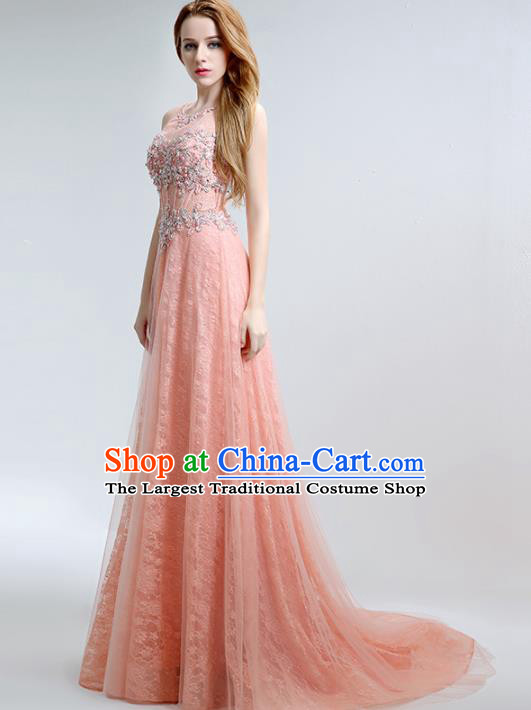 Professional Compere Costume Pink Veil Trailing Full Dress Top Grade Modern Dance Princess Wedding Dress for Women