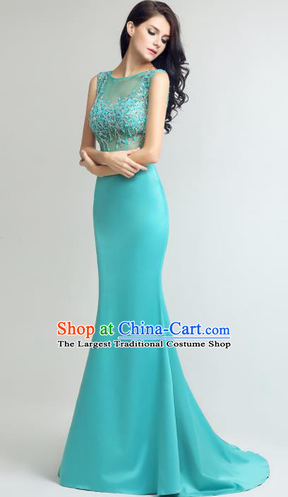Professional Compere Costume Blue Full Dress Top Grade Modern Dance Princess Wedding Dress for Women